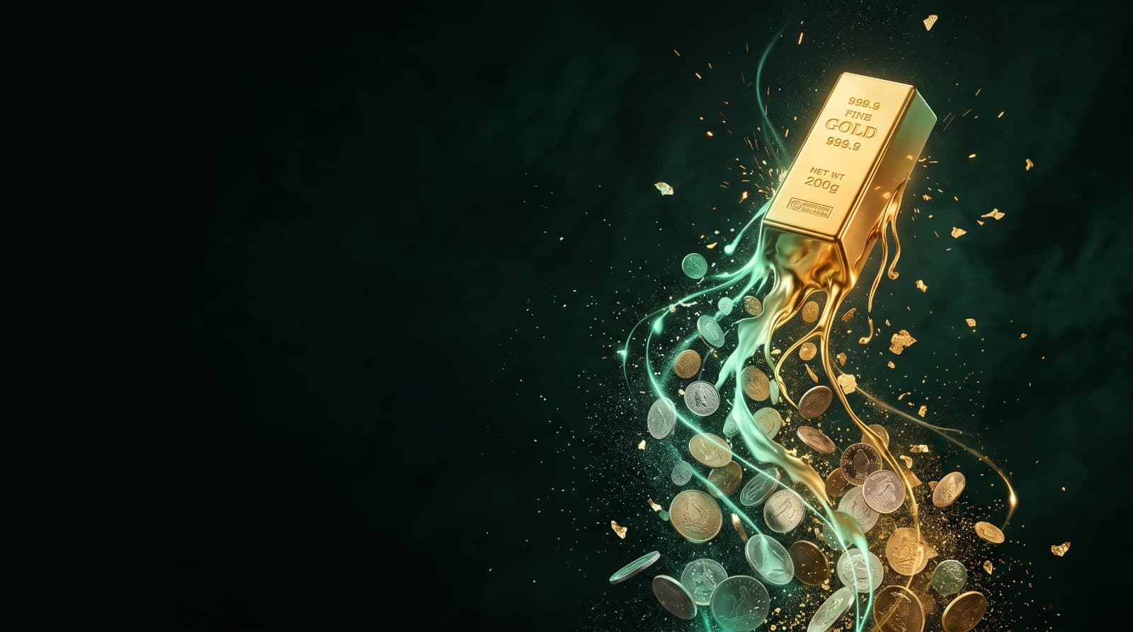 Coins and mint-green light minting into a gold bar