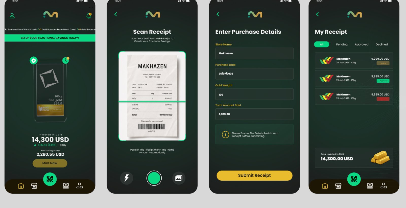MintNow app: home, scan your Makhazen receipt, enter purchase details, and track it in My Receipts